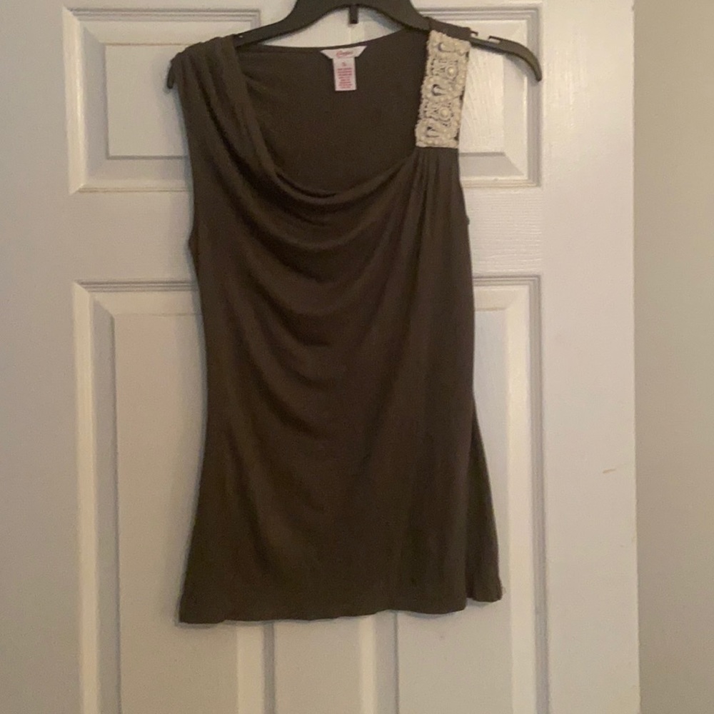 Army green shirt with embellishments on one strap
